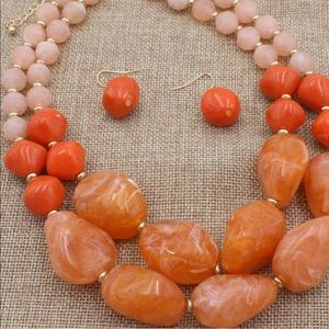 Women’s Chunky Bead Necklace and Matching Earrings Set Orange Collar Jewelry